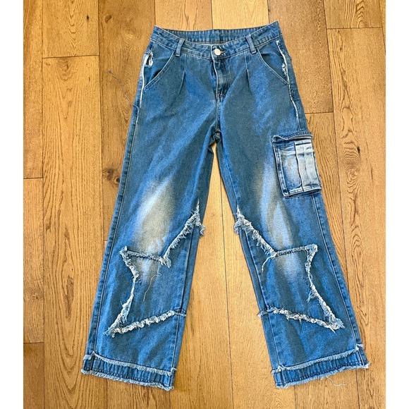 Unbranded Denim - YASUYUAN Men's Blue Wide-Leg Denim Jeans Distressed Fringe Cotton Polyester 30